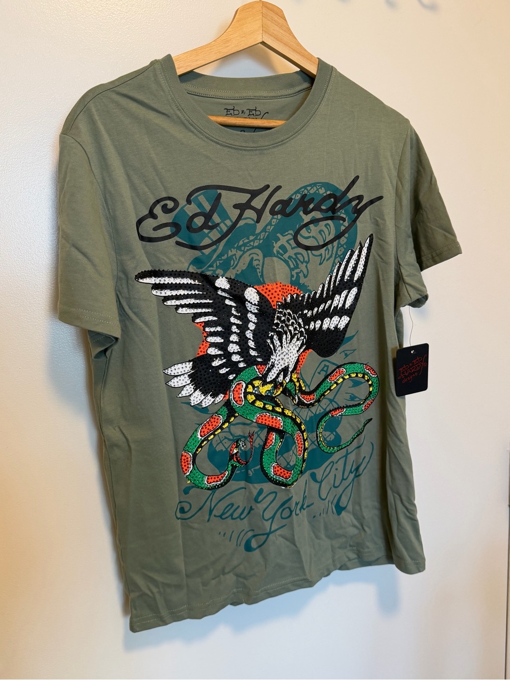 Ed Hardy Men’s Green Graphic T-Shirt with Eagle/Snake Rhinestones NWT size Y2K